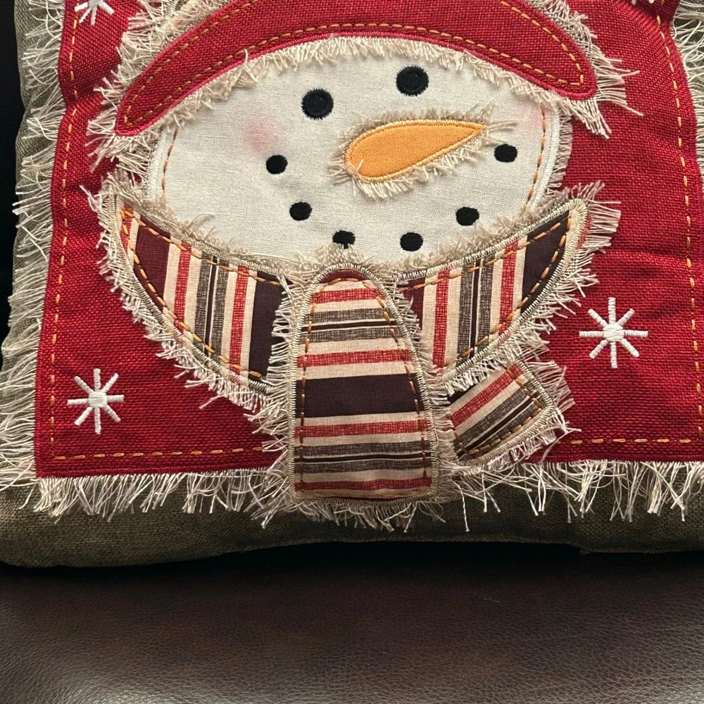Christmas Snowman Throw Pillow 16x16 Rustic Applique Embroidered Holiday Decor